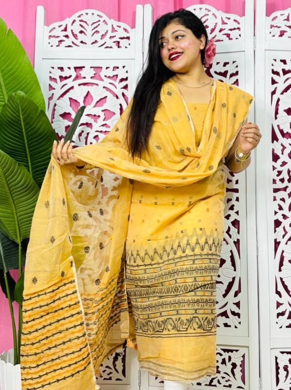 Jamdani 2 Piece Soft Unstitched Churidar Set - Orange Yellow