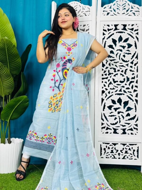 Unstitched Soft 2 Piece Jamdani Churidar - Pale Aqua
