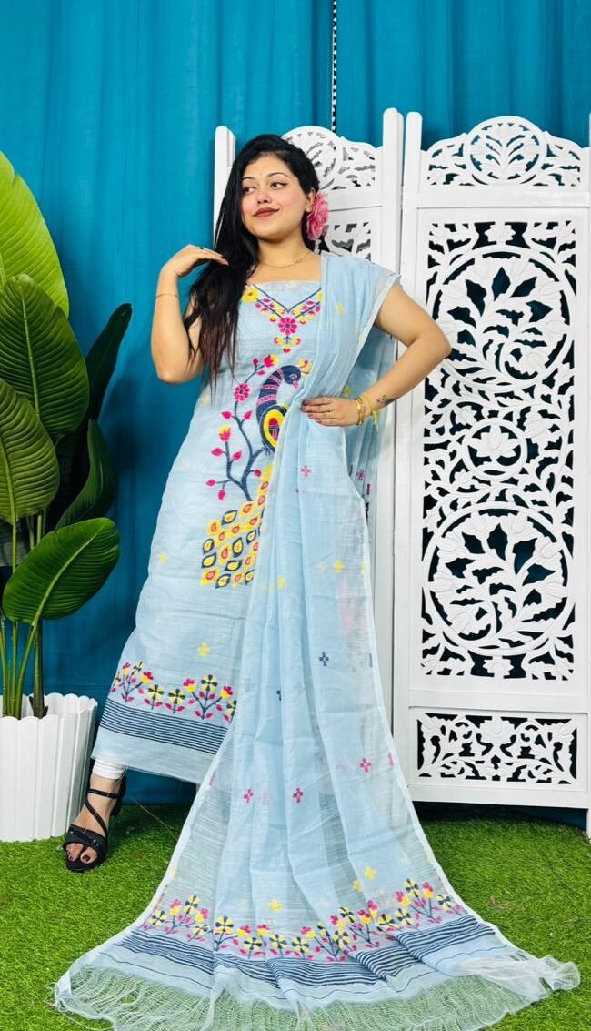 Unstitched Soft 2 Piece Jamdani Churidar - Pale Aqua Unstitched Soft 2 Piece Jamdani Churidar - Pale Aqua