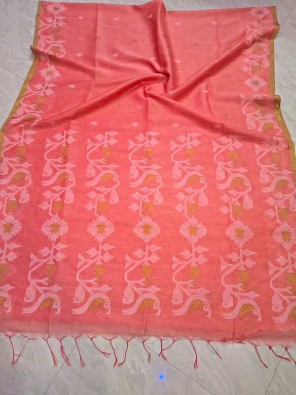 Exclusive Silk Linen Jamdani Sari with Blouse Piece - Pastel Red