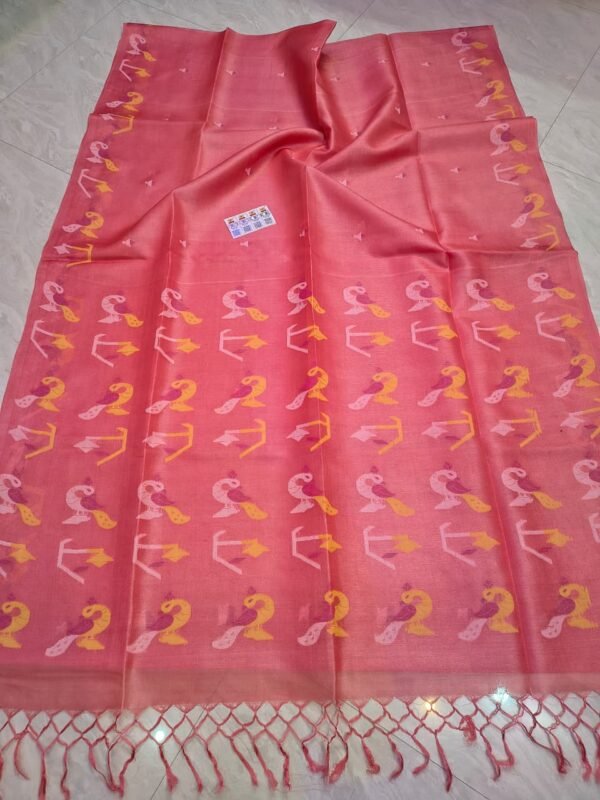 Pure Gachi Tussar By Tussar Handloom Dhakai Jamdani Sari with Blouse Piece - Pastel Red