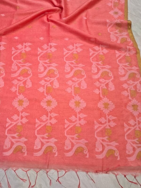 Exclusive Silk Linen Jamdani Sari with Blouse Piece - Pastel Red