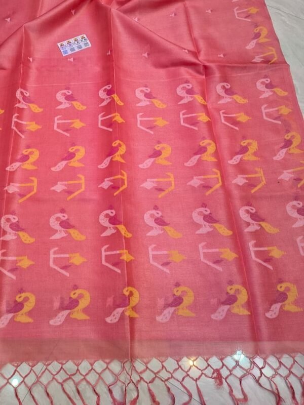 Pure Gachi Tussar By Tussar Handloom Dhakai Jamdani Sari with Blouse Piece - Pastel Red