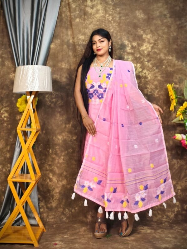 Jamdani 2 Piece Soft Unstitched Churidar Set - Pink Rose