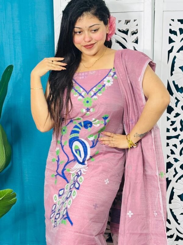 Unstitched Soft 2 Piece Jamdani Churidar - Pink Rose