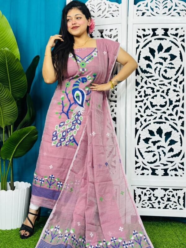 Unstitched Soft 2 Piece Jamdani Churidar - Pink Rose