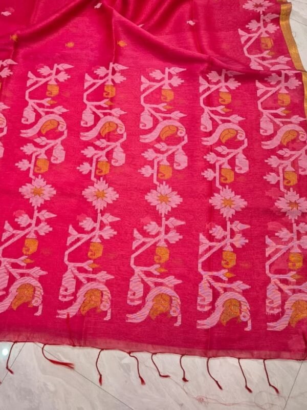 Exclusive Silk Linen Jamdani Sari with Blouse Piece - Pinkish Red