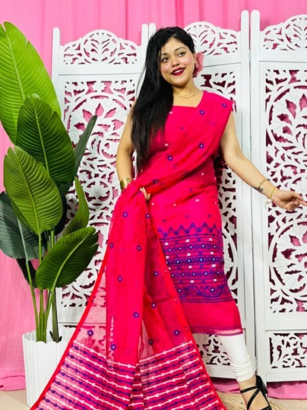 Jamdani 2 Piece Soft Unstitched Churidar Set - Pinkish Red