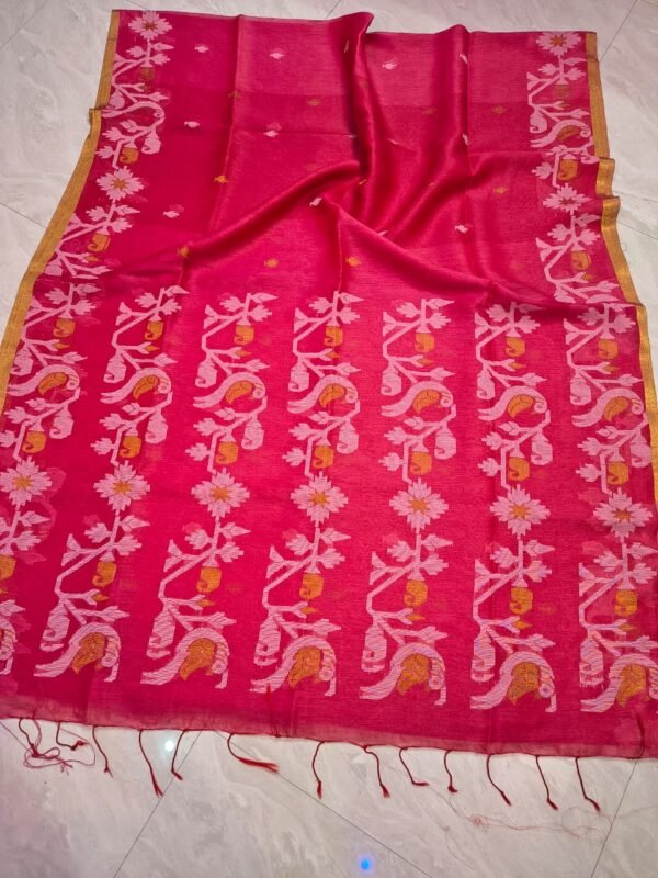 Exclusive Silk Linen Jamdani Sari with Blouse Piece - Pinkish Red