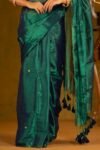 Plain Tissue Sari With Chumki Work - Bottle Green