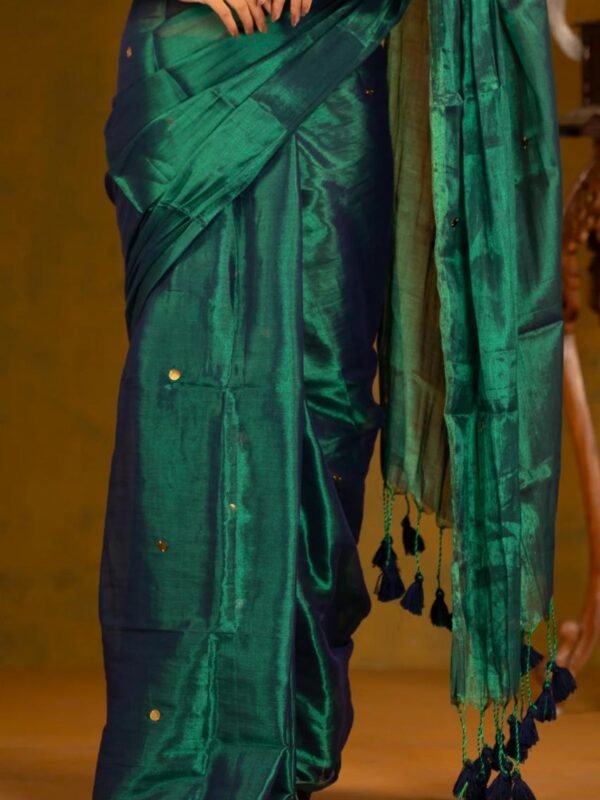Plain Tissue Sari With Chumki Work - Bottle Green