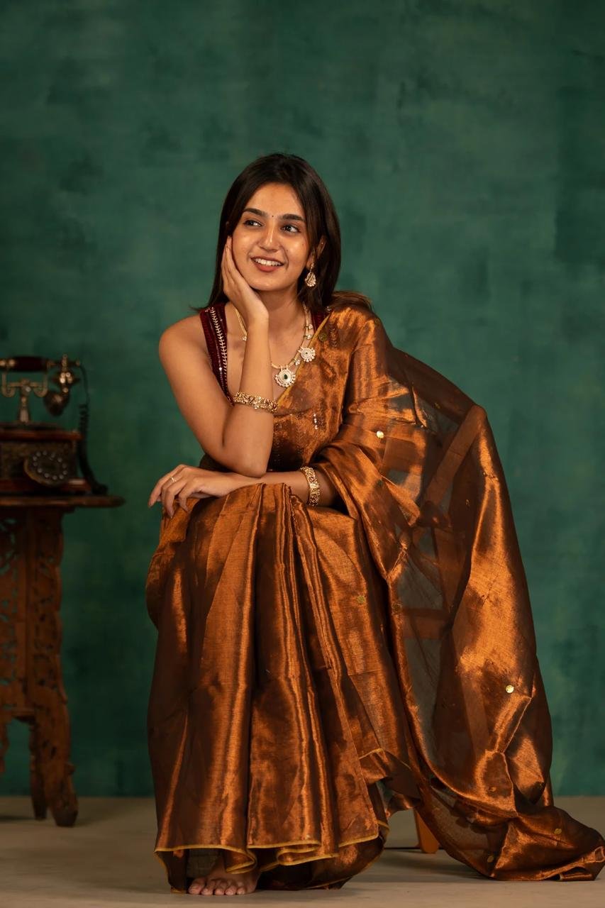 Plain Tissue Sari With Chumki Work - Coffee Plain Tissue Sari With Chumki Work - Coffee
