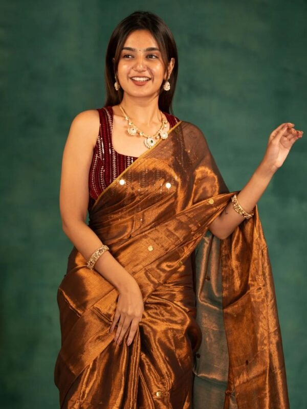 Plain Tissue Sari With Chumki Work - Coffee