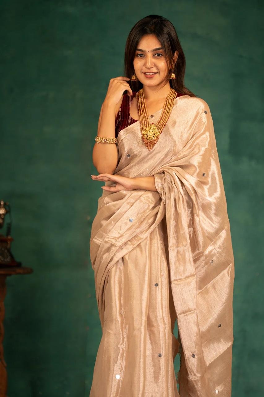 Plain Tissue Sari With Chumki Work - Light Taupe Plain Tissue Sari With Chumki Work - Light Taupe