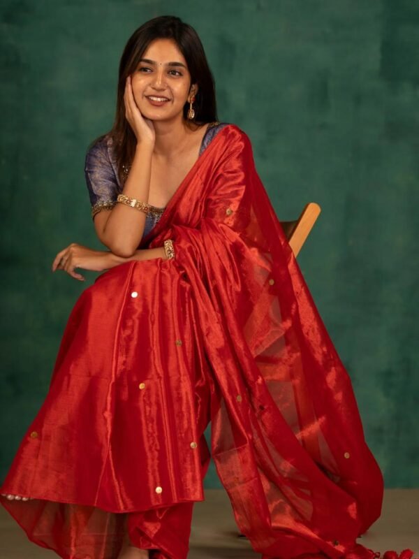 Plain Tissue Sari With Chumki Work - Red