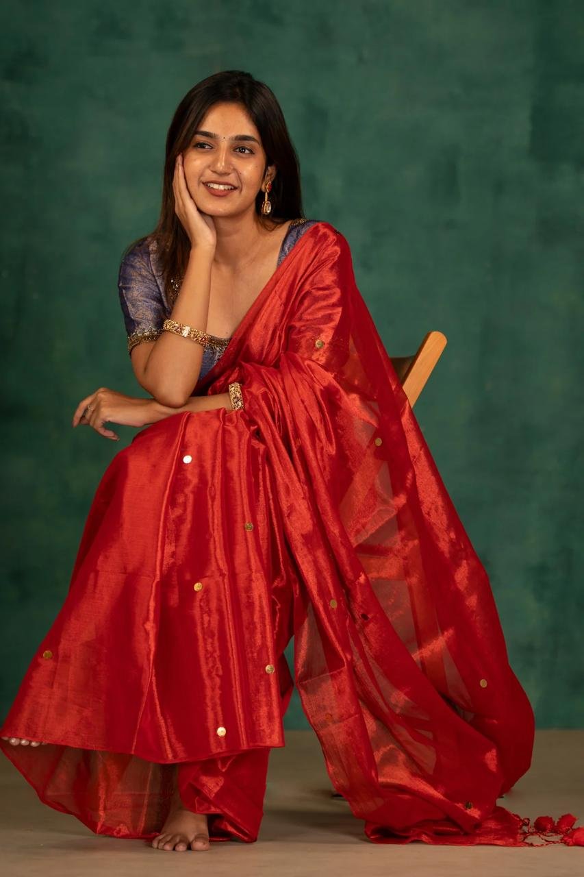 Plain Tissue Sari With Chumki Work - Red Plain Tissue Sari With Chumki Work - Red