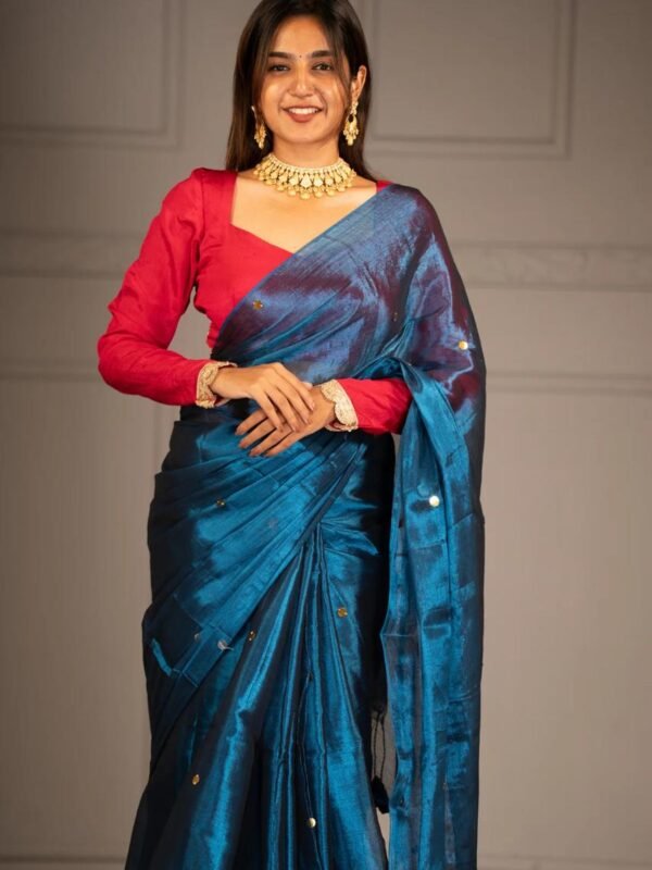 Plain Tissue Sari With Chumki Work - Venice Blue