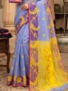 Sunflower Dhakai Jamdani Sari with Blouse Piece - Purple Blue