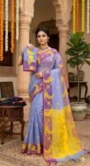 Sunflower Dhakai Jamdani Sari with Blouse Piece - Purple Blue