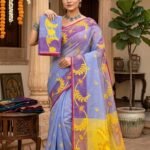 Sunflower Dhakai Jamdani Sari with Blouse Piece - Purple Blue