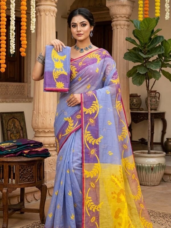 Sunflower Dhakai Jamdani Sari with Blouse Piece - Purple Blue