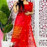Jamdani 2 Piece Soft Unstitched Churidar Set - Red
