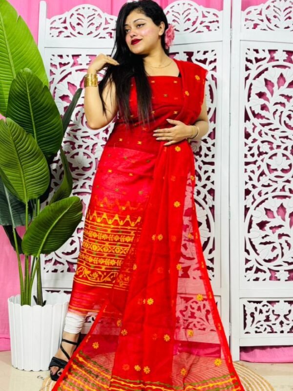 Jamdani 2 Piece Soft Unstitched Churidar Set - Red