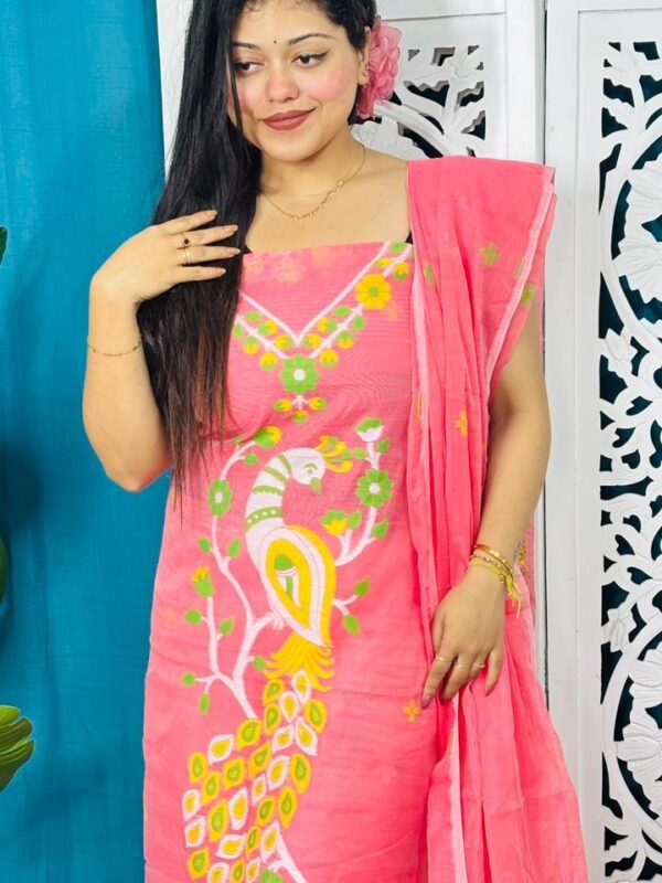 Unstitched Soft 2 Piece Jamdani Churidar - Salmon Pink