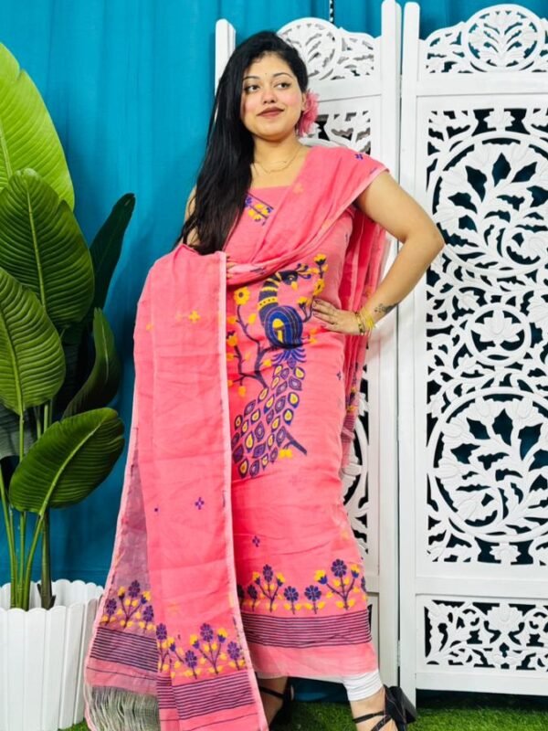 Unstitched Soft 2 Piece Jamdani Churidar - Salmon Pink