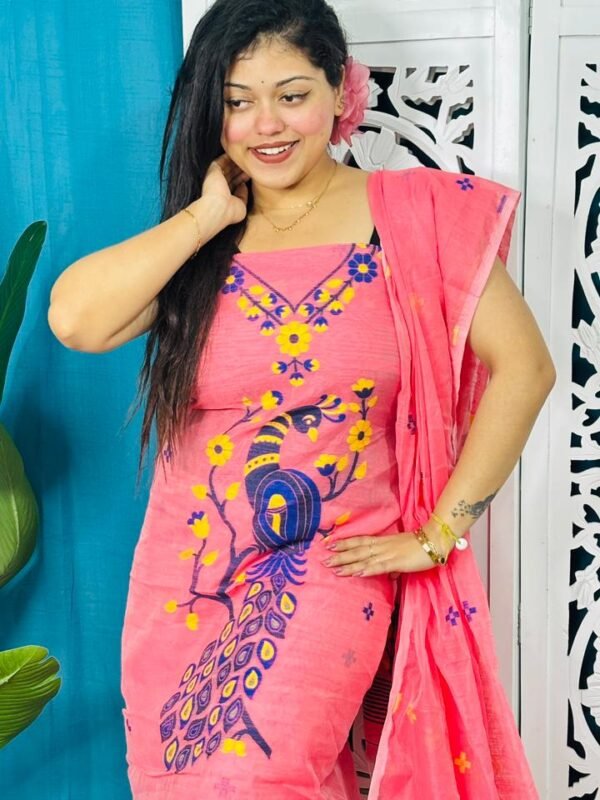 Unstitched Soft 2 Piece Jamdani Churidar - Salmon Pink