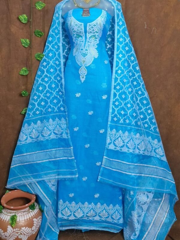 Jamdani 2 Piece Soft Unstitched Churidar Set - Sky Blue