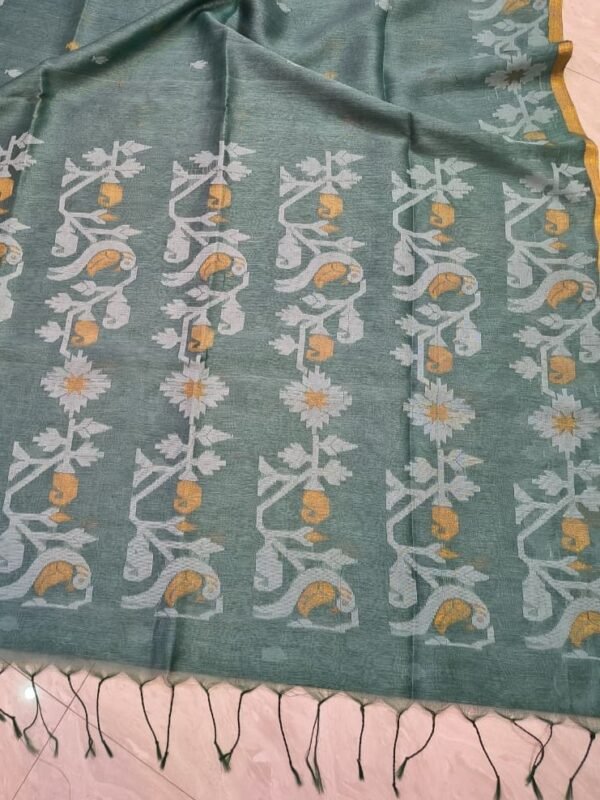 Exclusive Silk Linen Jamdani Sari with Blouse Piece - Steel Grey