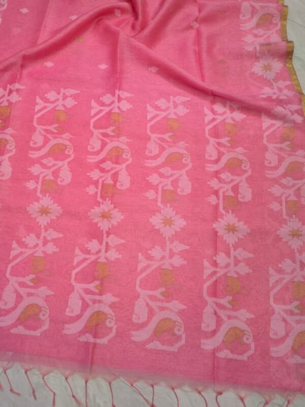 Exclusive Silk Linen Jamdani Sari with Blouse Piece - Tulip Pink