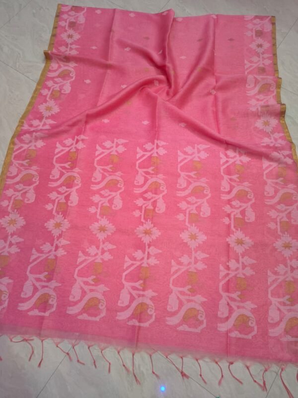 Exclusive Silk Linen Jamdani Sari with Blouse Piece - Tulip Pink