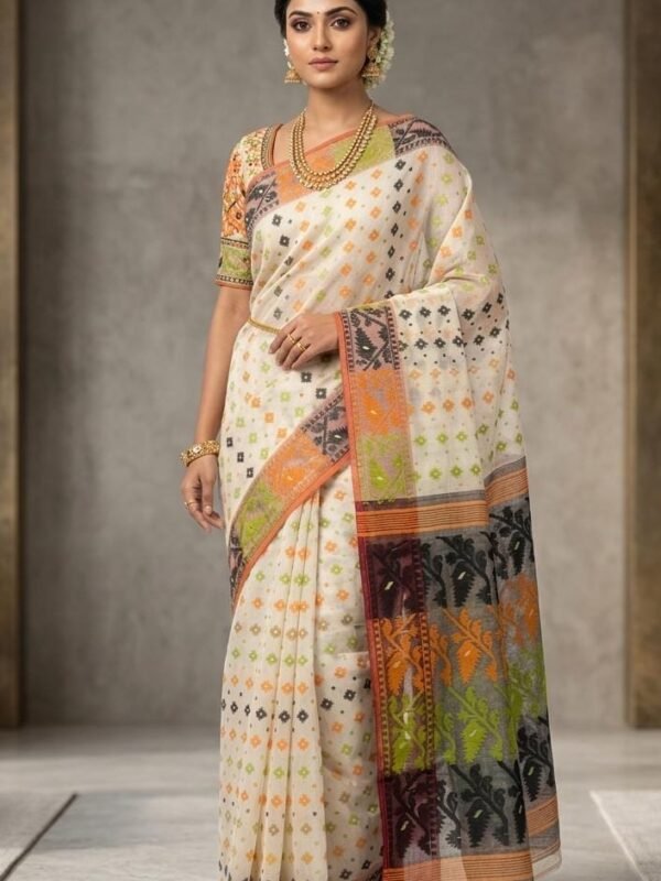 Ashtami Buti Dhakai Jamdani Sari with Blouse Piece - Vanilla