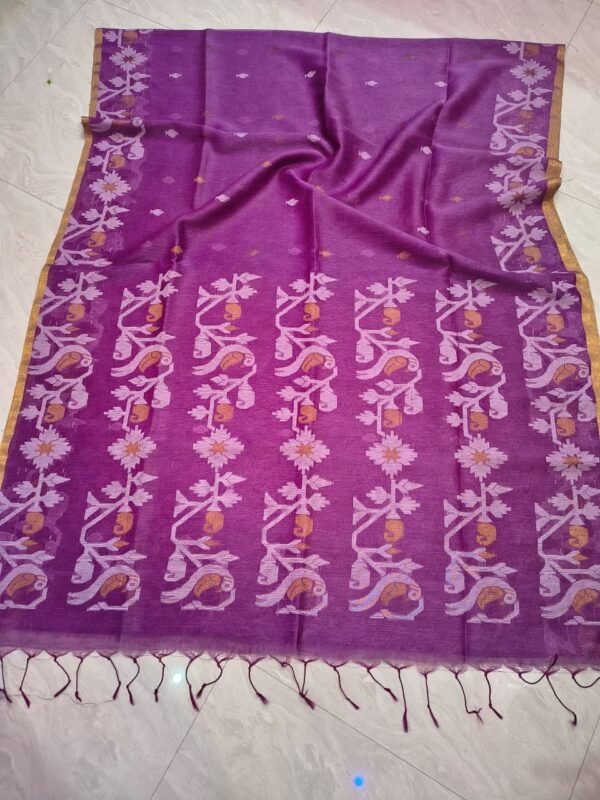 Exclusive Silk Linen Jamdani Sari with Blouse Piece - Warm Purple