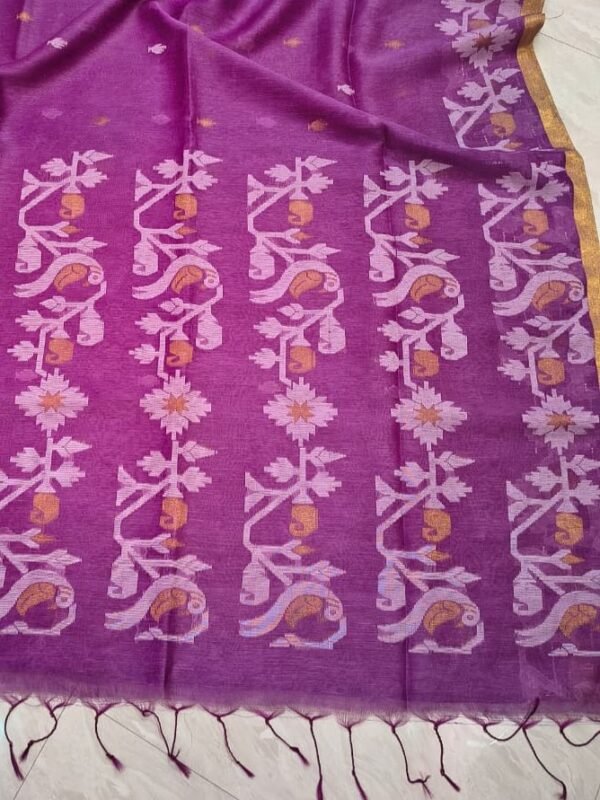 Exclusive Silk Linen Jamdani Sari with Blouse Piece - Warm Purple