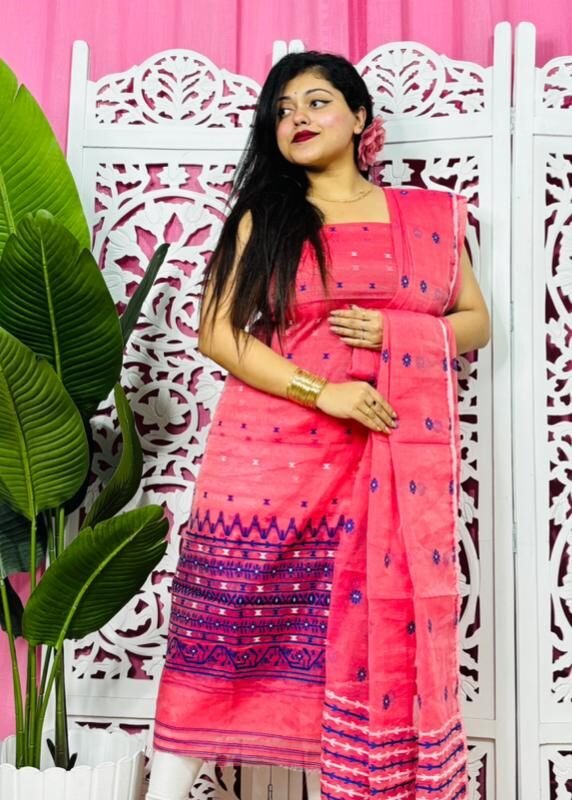 Jamdani 2 Piece Soft Unstitched Churidar Set - Watermelon