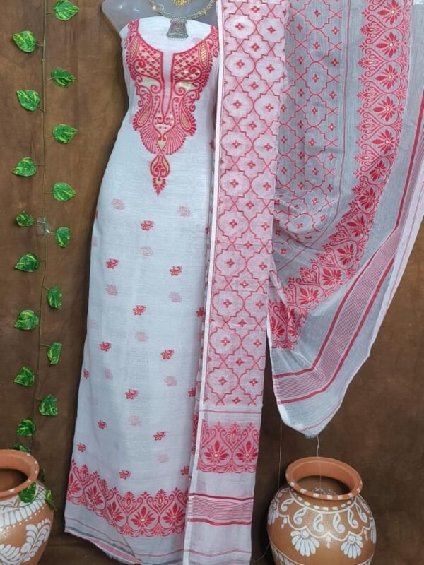 Jamdani 2 Piece Soft Unstitched Churidar Set - White