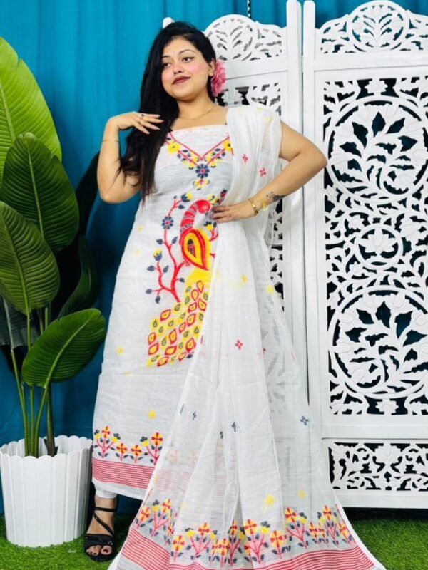 Unstitched Soft 2 Piece Jamdani Churidar - White