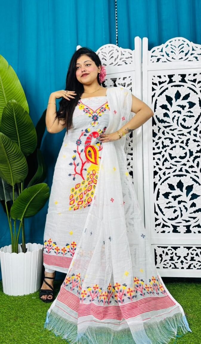 Unstitched Soft 2 Piece Jamdani Churidar - White Unstitched Soft 2 Piece Jamdani Churidar - White