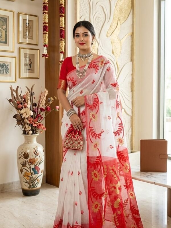 Sunflower Dhakai Jamdani Sari with Blouse Piece - White