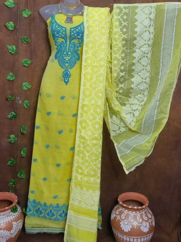 Jamdani 2 Piece Soft Unstitched Churidar Set - Yellow