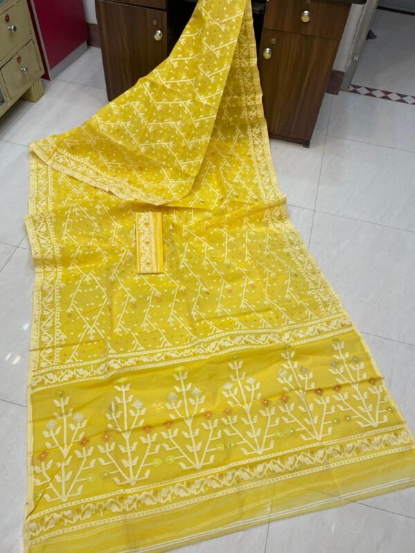 Shiuli Dhakai Jamdani Sari with Blouse Piece - Yellow