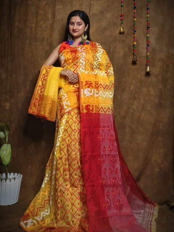 Hazar Buti Dhakai Jamdani Saree with Blouse Piece - Yellow