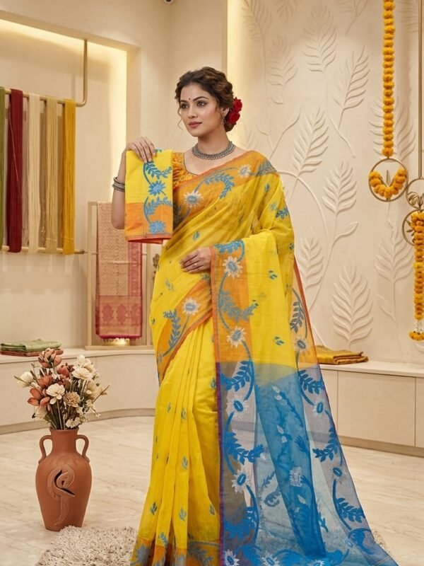 Sunflower Dhakai Jamdani Sari with Blouse Piece - Yellow