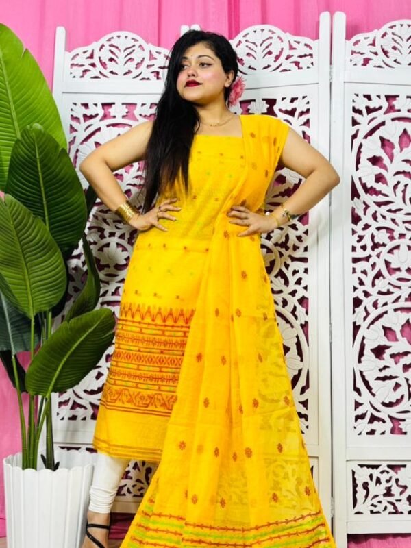 Jamdani 2 Piece Soft Unstitched Churidar Set - Yellow