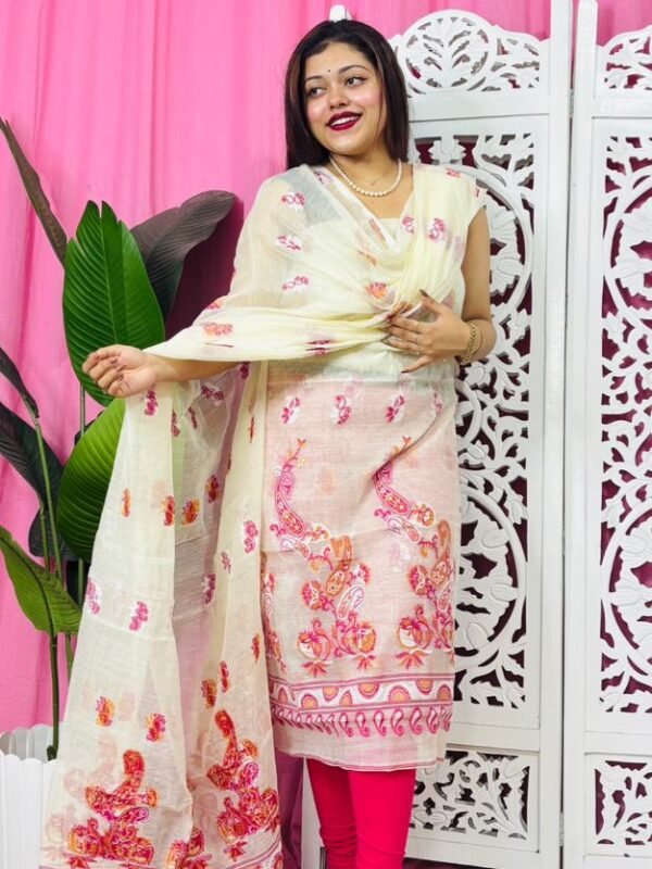 Unstitched 2 Piece Jamdani Churidar Set - Almond