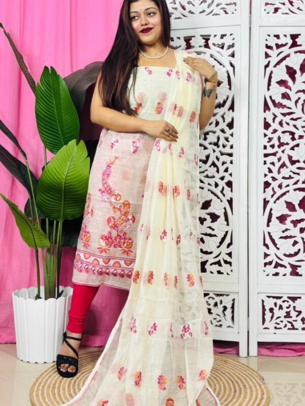 Unstitched 2 Piece Jamdani Churidar Set - Almond