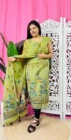Unstitched 2 Piece Jamdani Churidar Set - Avocado Green